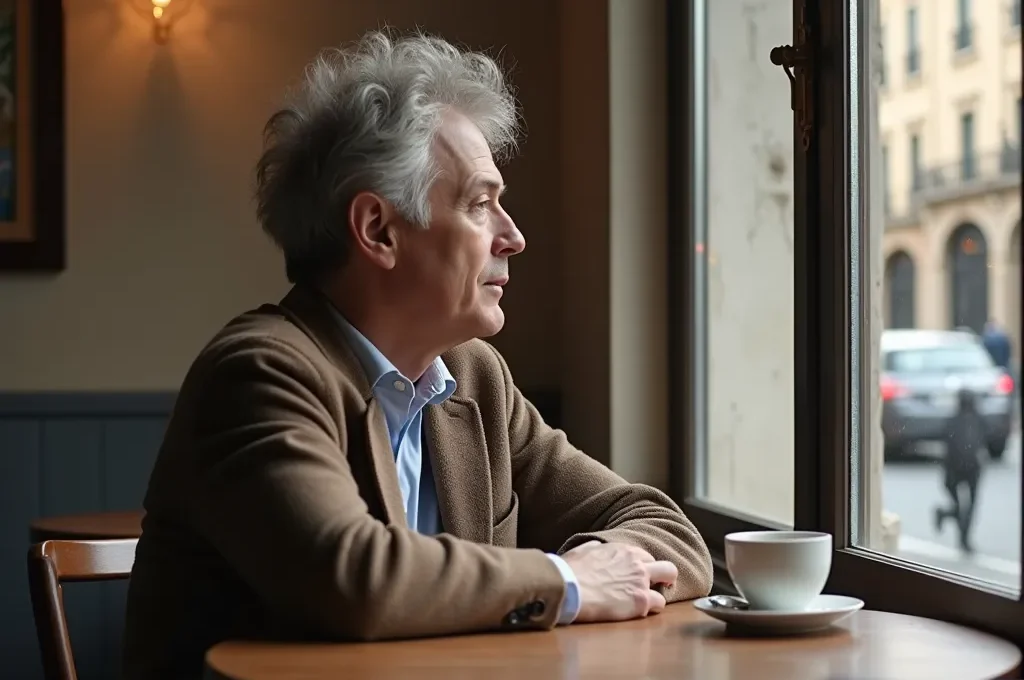 Ein Reisender sitzt entspannt in einem Café und beobachtet Menschen, umgeben von kulturellen Details