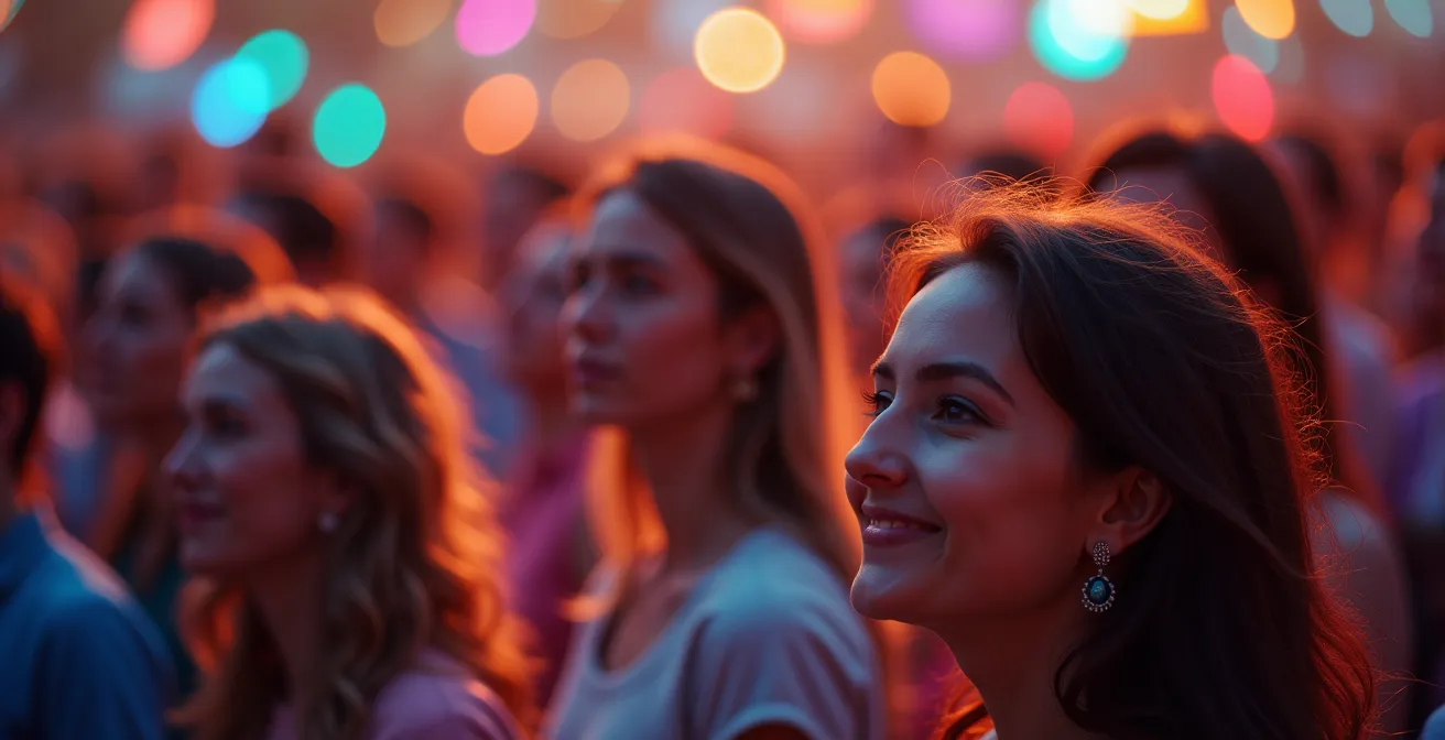Symbolische Darstellung einer großen vielfältigen Crowd, die ein gemeinsames Projekt unterstützt, mit sichtbaren Verbindungen als Gemeinschaft