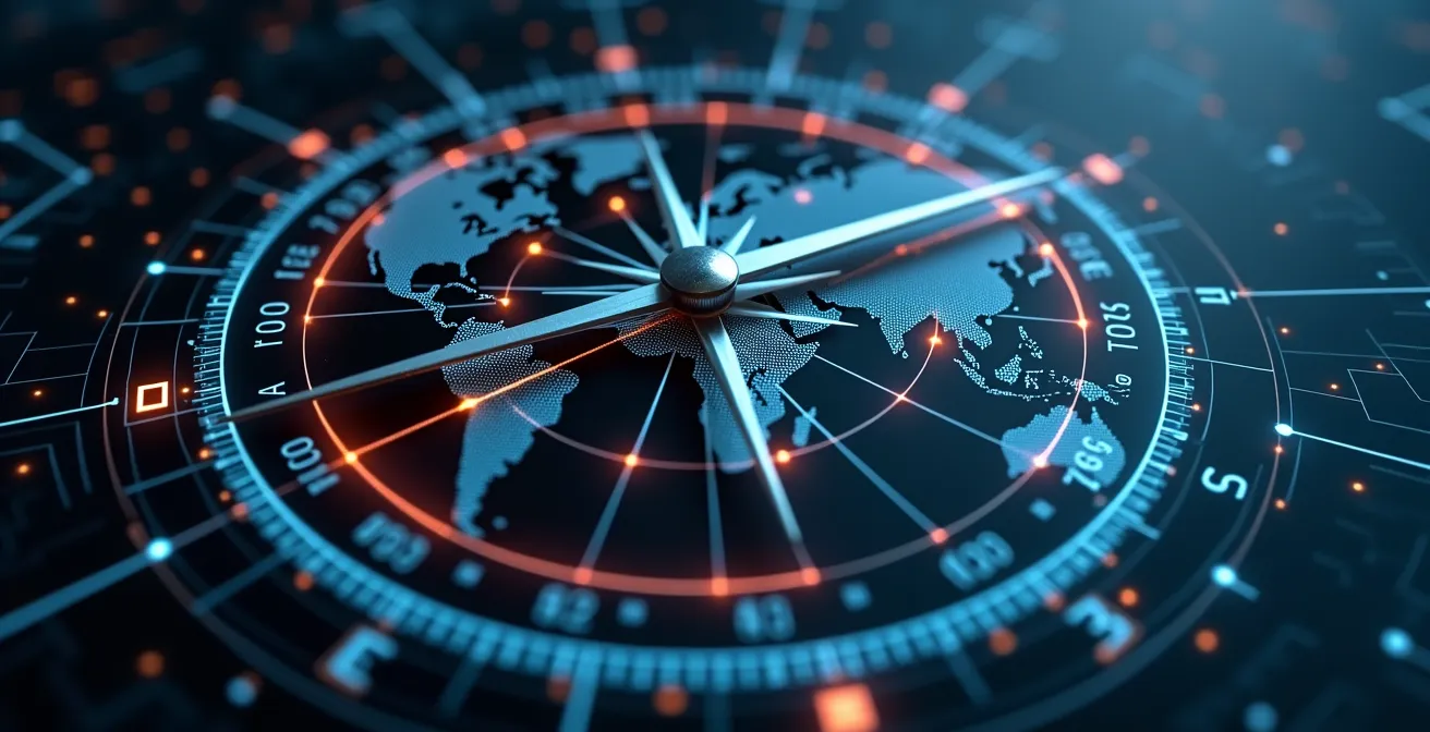 Visualisierung eines digitalen Kompasses, der Märkte anhand von Datenpunkten wie Suchvolumen und Wettbewerbsdichte analysiert