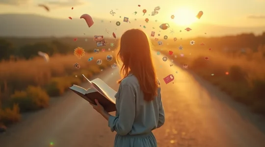 Symbolische Darstellung einer Person, die von einer Reise zurückkehrt und ihre Erfahrungen mit Freuden und Reflexion teilt.