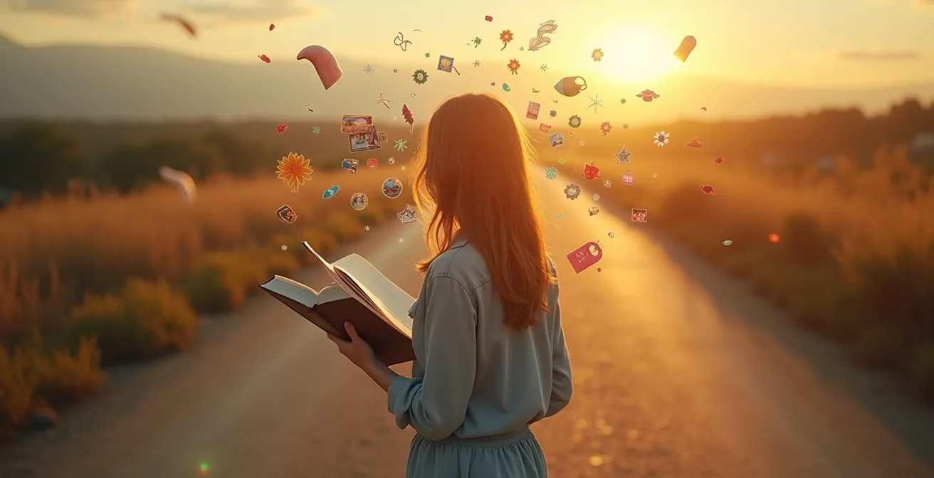 Symbolische Darstellung einer Person, die von einer Reise zurückkehrt und ihre Erfahrungen mit Freuden und Reflexion teilt.