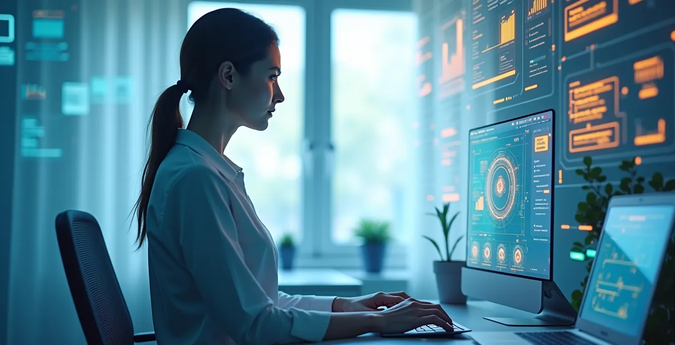 Visuelle Darstellung von digitalen Kompetenzen, Symbolik von Mensch und KI, Zusammenarbeit und technologischem Wandel
