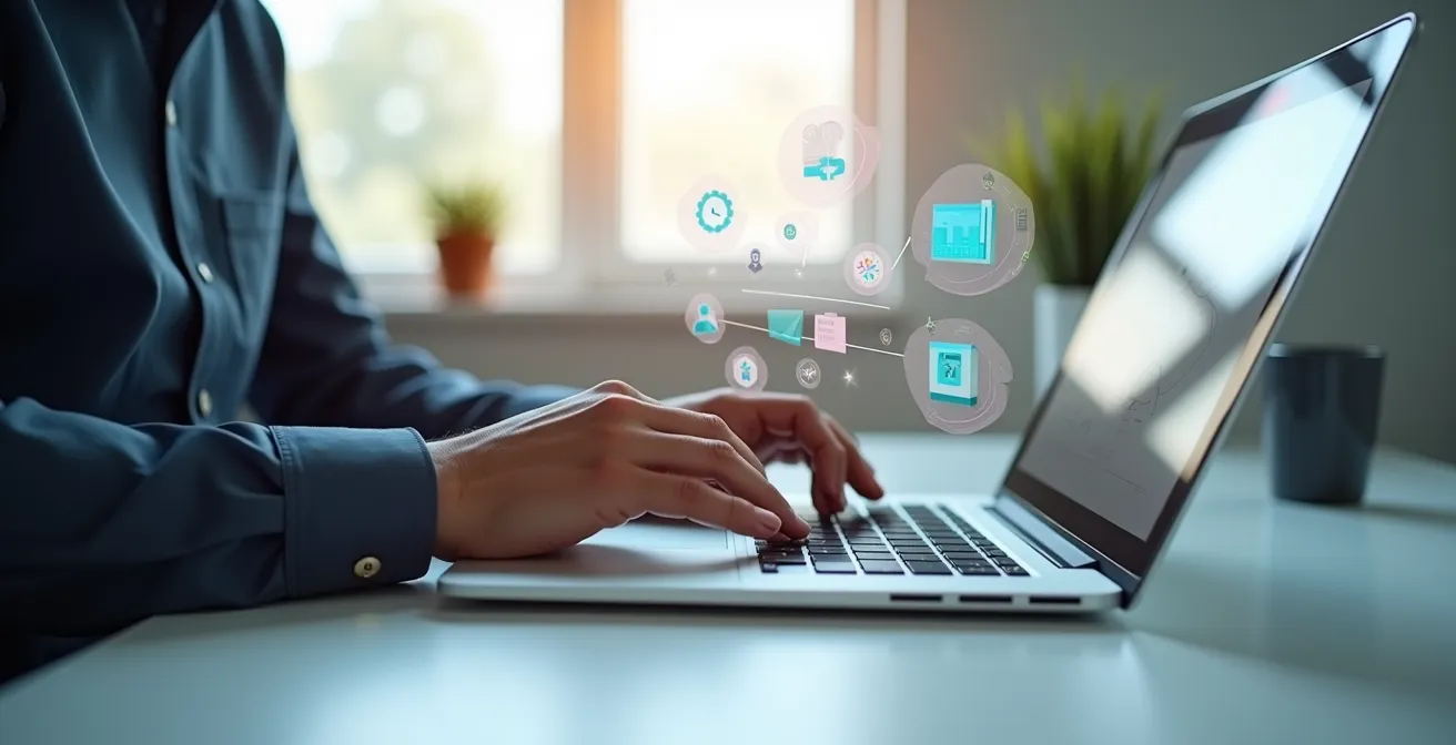 Visualisierung eines Mitarbeiters, der Low-Code-Tools an einem Computer benutzt, um digitale Prozesse im Unternehmen zu starten