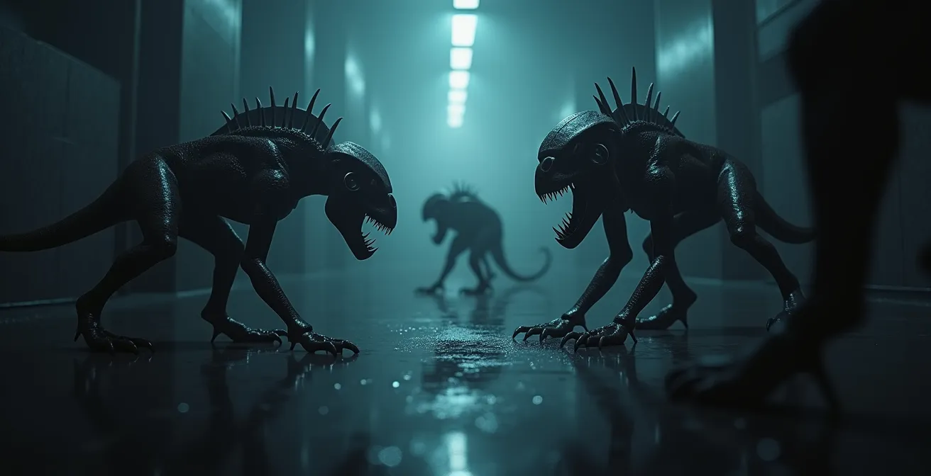Symbolische Darstellung des digitalen Darwinismus mit evolutionärem Überlebenskampf im technologischen Umfeld