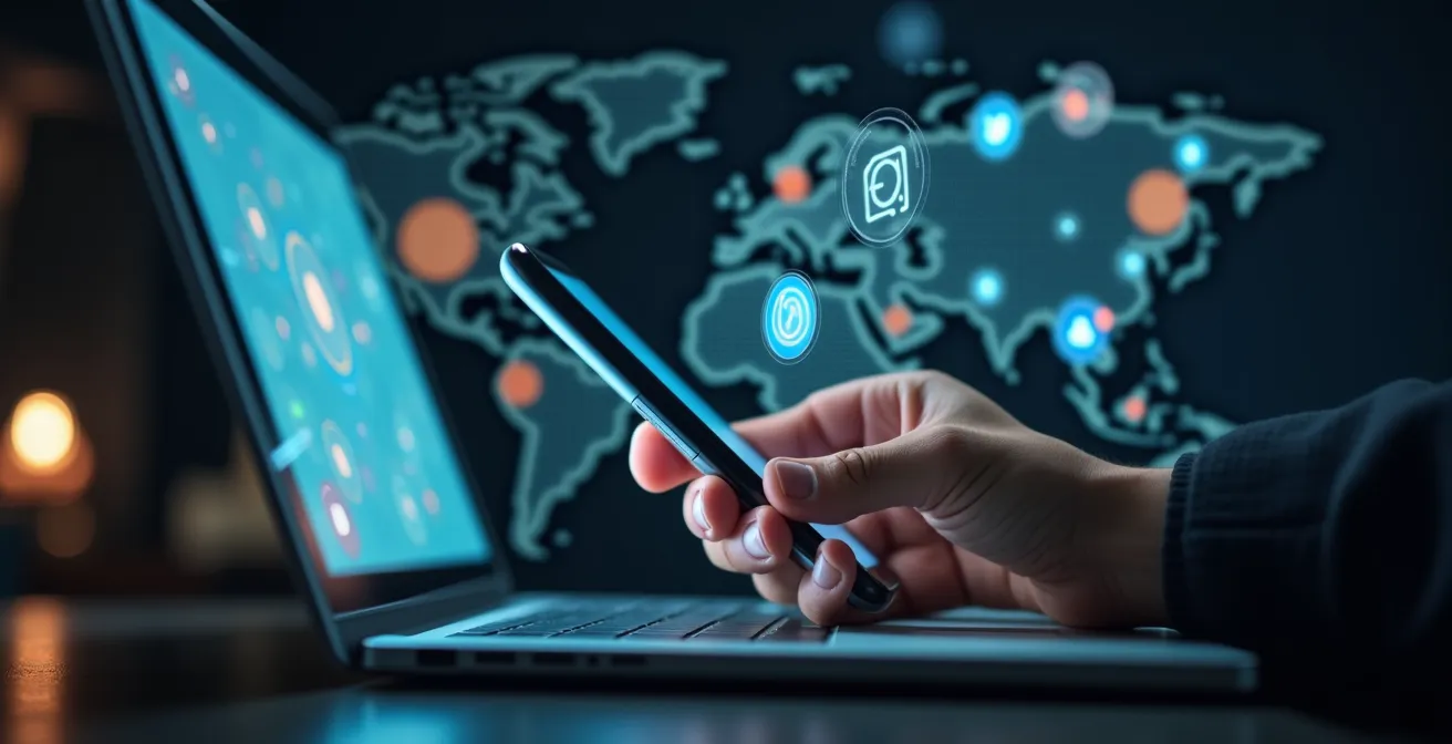 Detaillierte symbolische Darstellung von Online-Networking-Aktivitäten mit internationalen Verbindungen und digitalen Tools