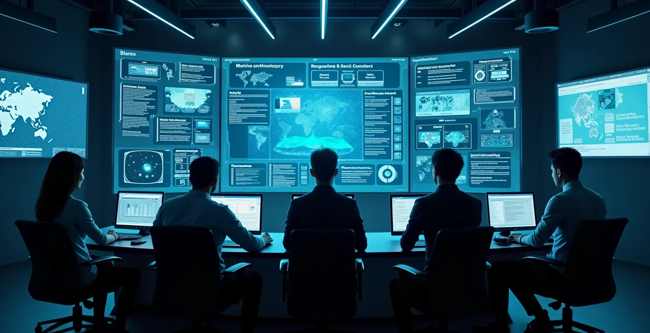Visualisierung eines Stresstests für Unternehmen mit Symbolen für regulatorische, technologische und soziale Bedrohungen