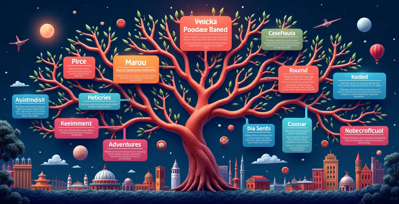 Visuelle Darstellung eines Skill-Trees mit Reisethema, symbolisch für gamifizierte Reiserouten
