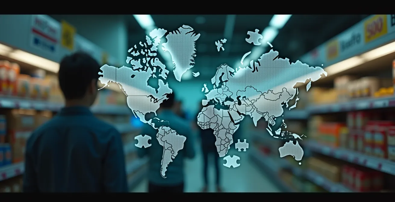 Symbolische Darstellung der globalen Wirtschaft mit einer Landkarte von Taiwan und Supermarktregalen, die Preissteigerungen zeigen