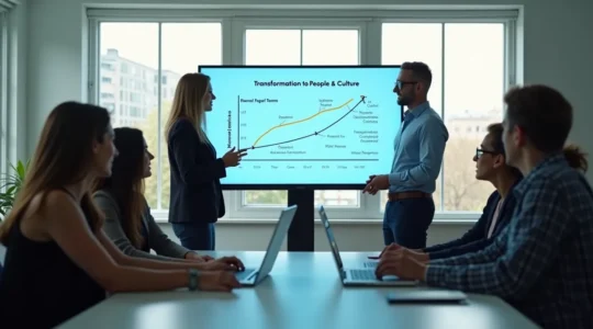 Ein modernes, offenes Büro mit einem Team, das um einen digitalen Wandel-Prozess arbeitet, symbolisiert die Transformation von HR zu People & Culture.