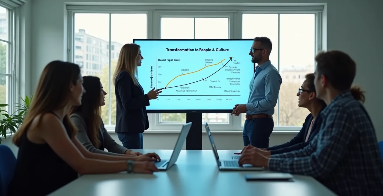 Ein modernes, offenes Büro mit einem Team, das um einen digitalen Wandel-Prozess arbeitet, symbolisiert die Transformation von HR zu People & Culture.