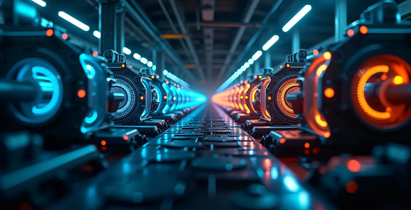 Symbolische Darstellung von Industrie 4.0 mit vernetzten Maschinen, Digital Twins und KI-Anwendungen