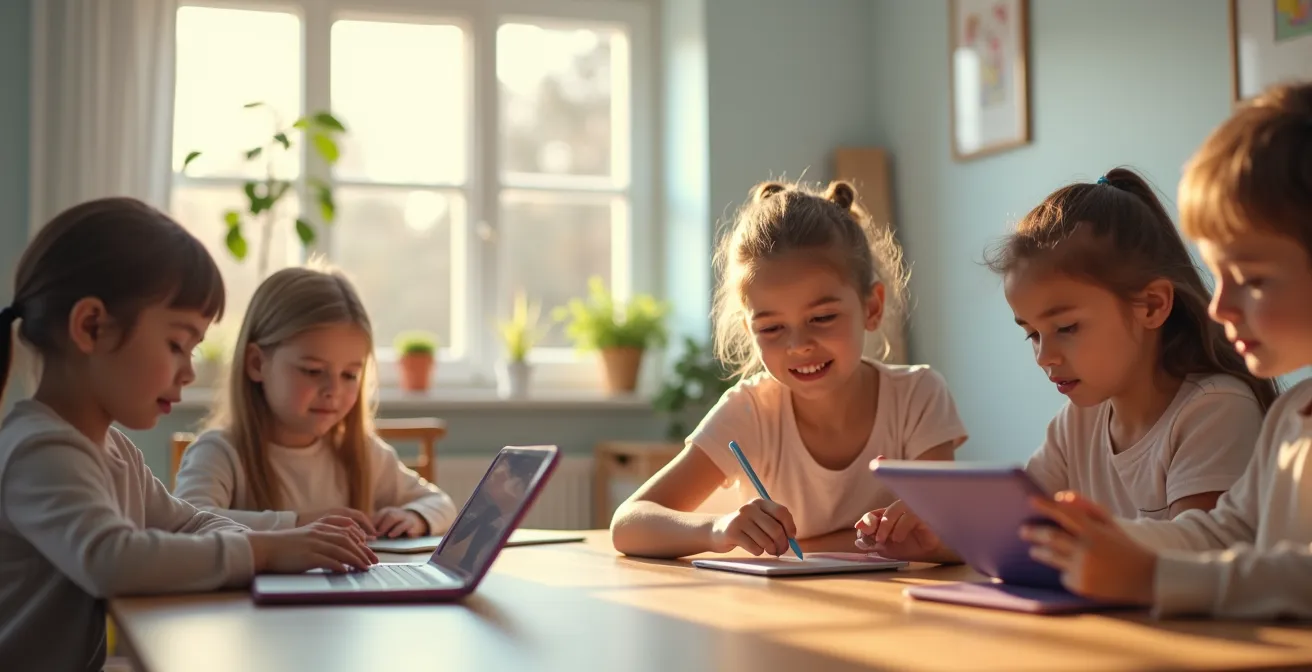 Kinder, die spielerisch digitale und kognitive Fähigkeiten durch Offline- und Online-Aktivitäten erlernen