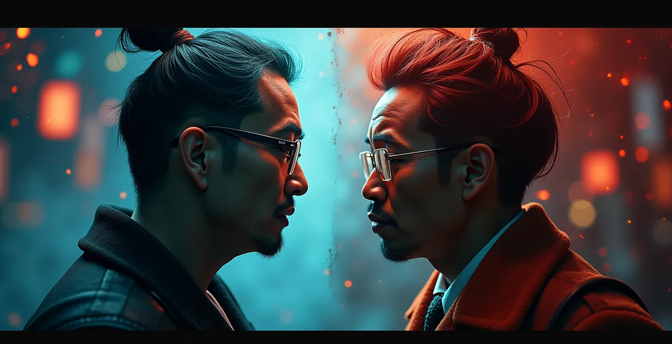 Symbolische Darstellung von kulturellen Missverständnissen in Marketing, mit Kontrast zwischen westlichen und asiatischen Farben und Symbolen
