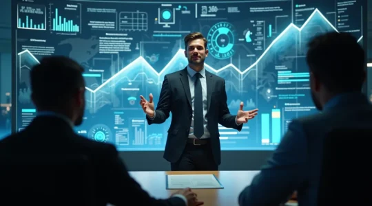 Symbolisches Bild eines kreativen Innovators, der interne Unterstützung für sein Projekt erhält, umfinanzielle Mittel zu sichern