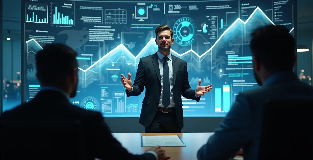 Symbolisches Bild eines kreativen Innovators, der interne Unterstützung für sein Projekt erhält, umfinanzielle Mittel zu sichern