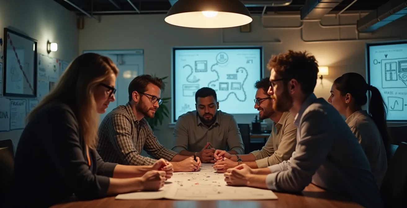 Visuelle Darstellung eines kreativen Innovationsraums mit einem interdisziplinären Team, das Unternehmensregeln hinterfragt und ablöst