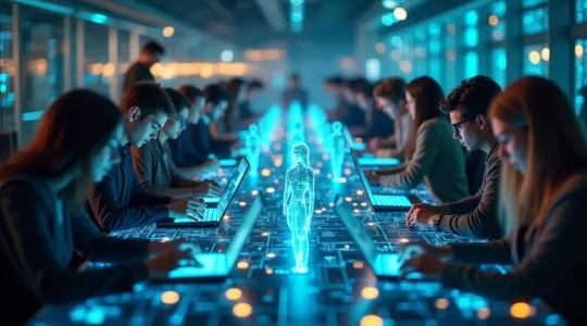 Symbolische Darstellung der Verknüpfung von Technologie mit Gemeinschaft, Arbeit und Identität in einer modernen digitalen Welt