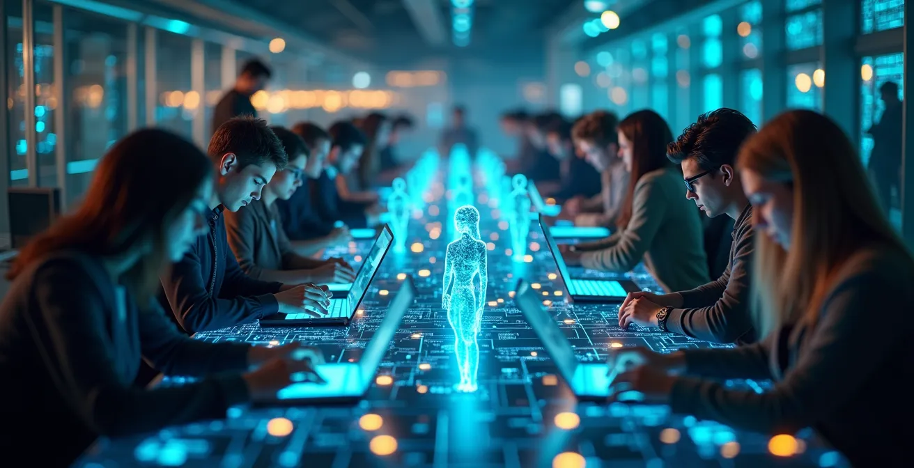 Symbolische Darstellung der Verknüpfung von Technologie mit Gemeinschaft, Arbeit und Identität in einer modernen digitalen Welt