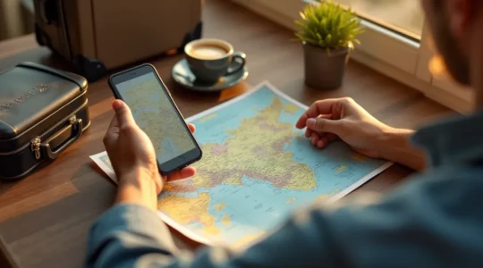 Eine inspirierende Szene eines Reisenden mit Karte und Smartphone, der entspannt seine Reise plant und dabei flexibel bleibt