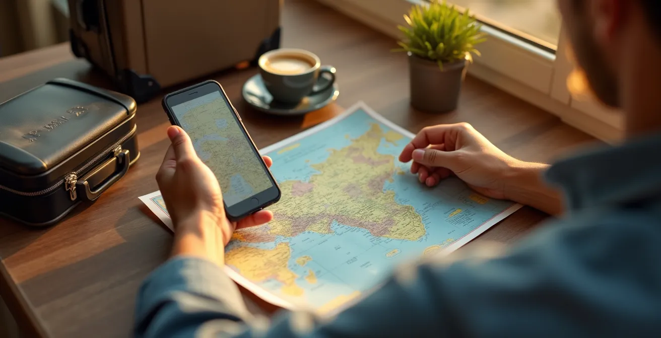 Eine inspirierende Szene eines Reisenden mit Karte und Smartphone, der entspannt seine Reise plant und dabei flexibel bleibt
