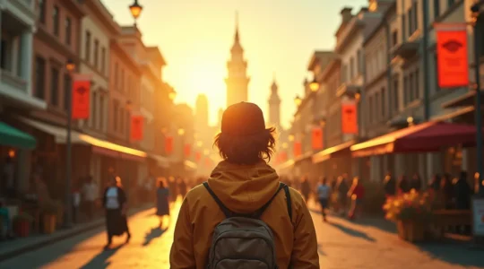 Eine realistische Darstellung eines Reisenden, der fasziniert eine fremde Stadt erkundet, symbolisiert durch lebendige Farben und dynamische Szenerie