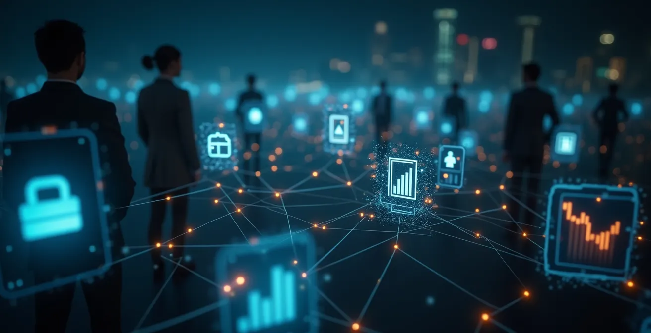 Symbolische Darstellung unsichtbarer Fäden, die Technologie, Wirtschaft und Gesellschaft miteinander verbinden und unser Leben steuern