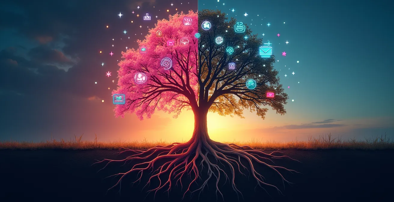 Symbolische Illustration von kurzlebigen Trends neben nachhaltigen Wirtschaftsstrukturen mit hervorgehobenen Effekten