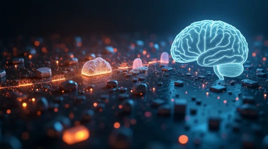 Symbolische Darstellung der technologischen Entwicklung von Siliziumhalbleitern zu modernen Superhirn-Technologien mit globaler Vernetzung