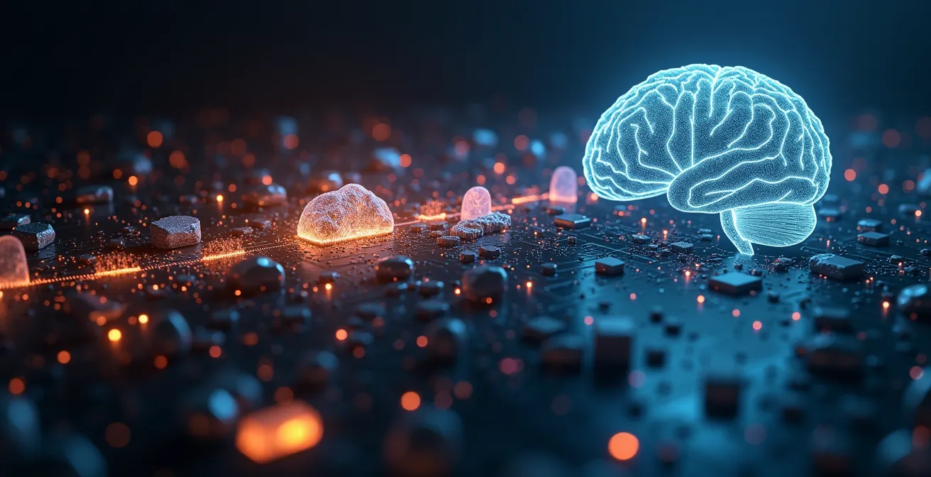Symbolische Darstellung der technologischen Entwicklung von Siliziumhalbleitern zu modernen Superhirn-Technologien mit globaler Vernetzung