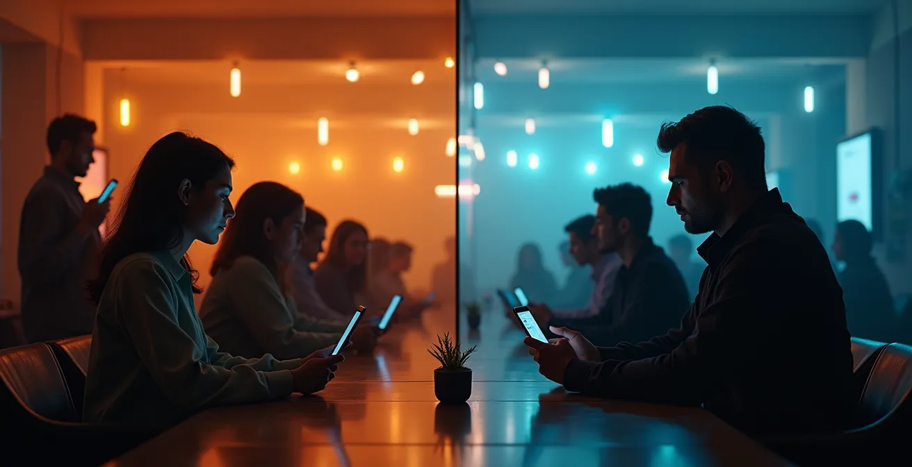 Visuelle Darstellung digital vernetzter Menschen mit sozialen Medien und algorithmisch gefilterten Feeds