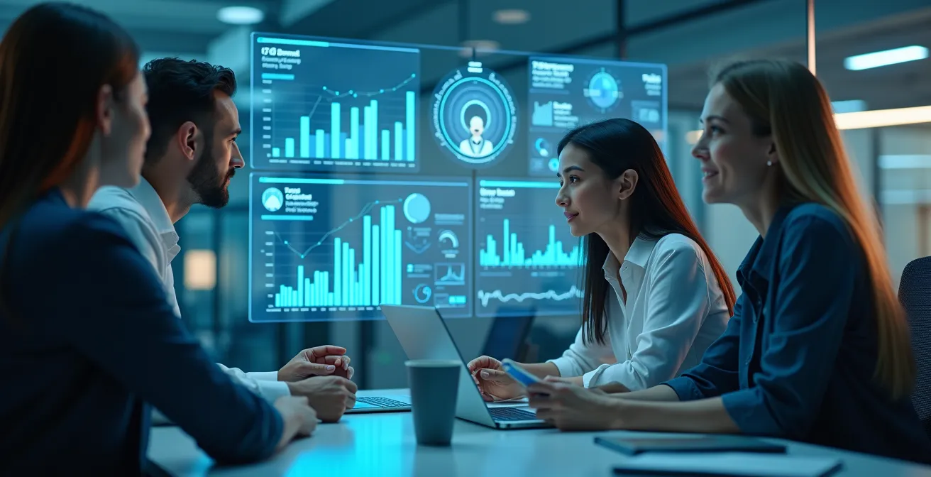Symbolische visuelle Darstellung von Zukunftsmarktanalyse und Kundenbedürfniserkennung durch Beobachtung und Technologie