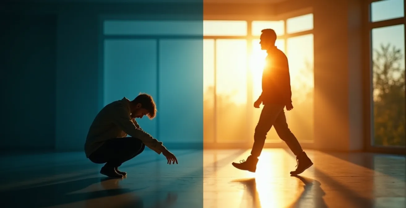 Splitscreen-Darstellung einer Person, die lethargisch vor dem Fernseher sitzt, im Kontrast zur gleichen Person, die energiegeladen durch einen Park spaziert.