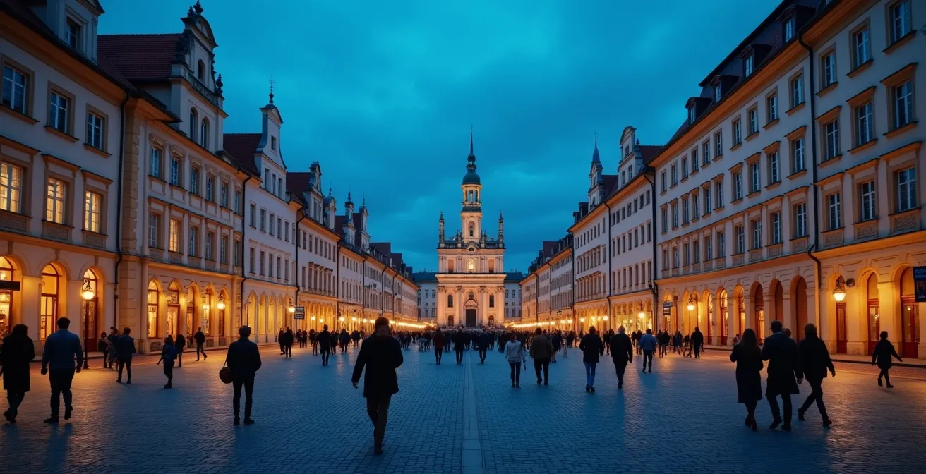Weitwinkelaufnahme einer abendlichen Stadtszene mit beleuchteten Kultureinrichtungen