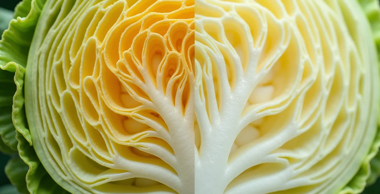 Makroaufnahme traditioneller Gemüsesorten neben Standardware mit sichtbaren Textur- und Farbunterschieden