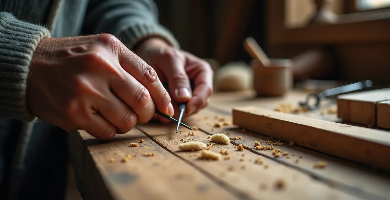 Nahaufnahme von Händen, die geduldig und konzentriert ein Handwerk ausüben und den Lernprozess symbolisieren.