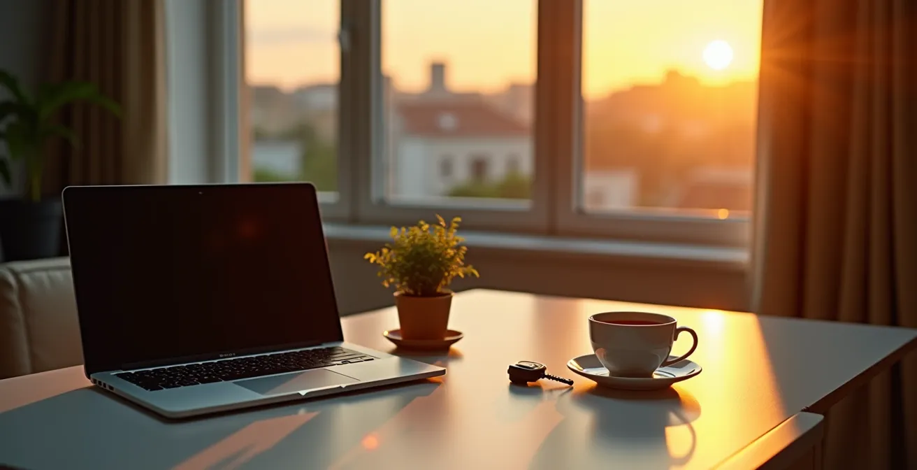 Aufgeräumter Schreibtisch mit geschlossenem Laptop symbolisiert Feierabend
