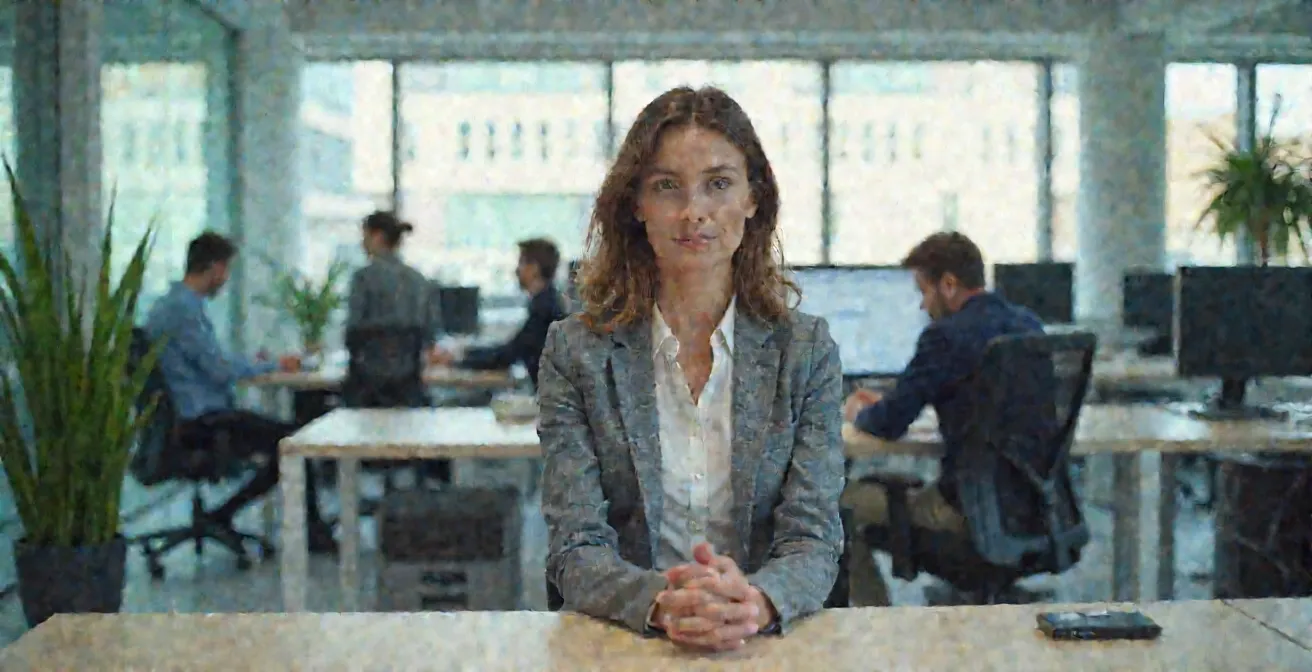 Person praktiziert diskrete Atemübung am Schreibtisch im Großraumbüro