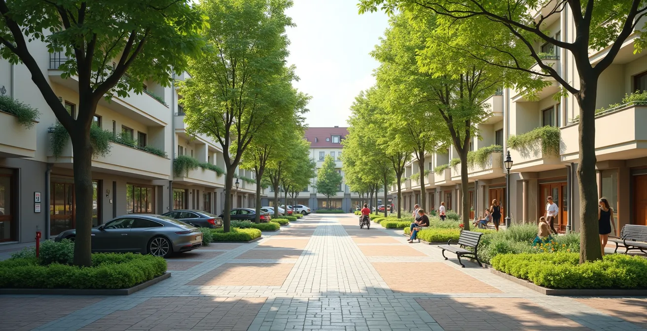 Verwandlung einer Straße in einen grünen Stadtraum mit Spielplatz und Bänken, was die gesteigerte Lebensqualität symbolisiert