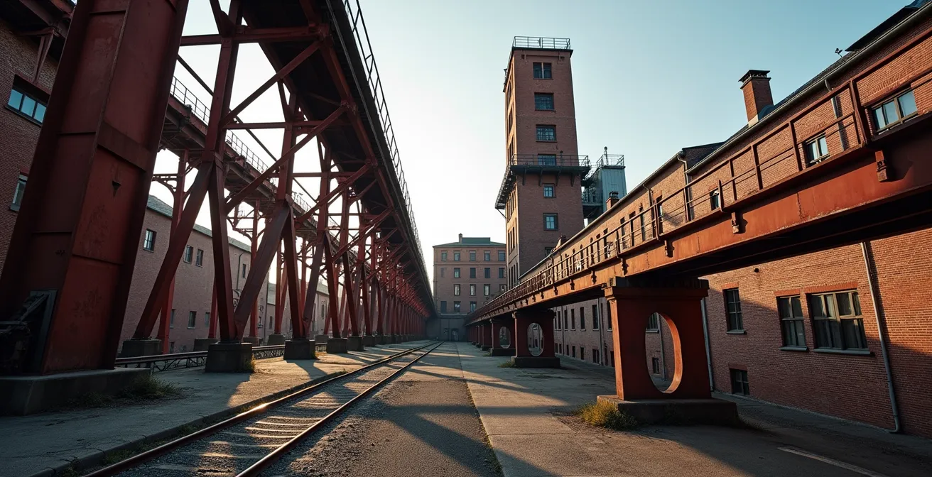 Geometrische Stahlfachwerkarchitektur der Zeche Zollverein mit rotem Förderturm