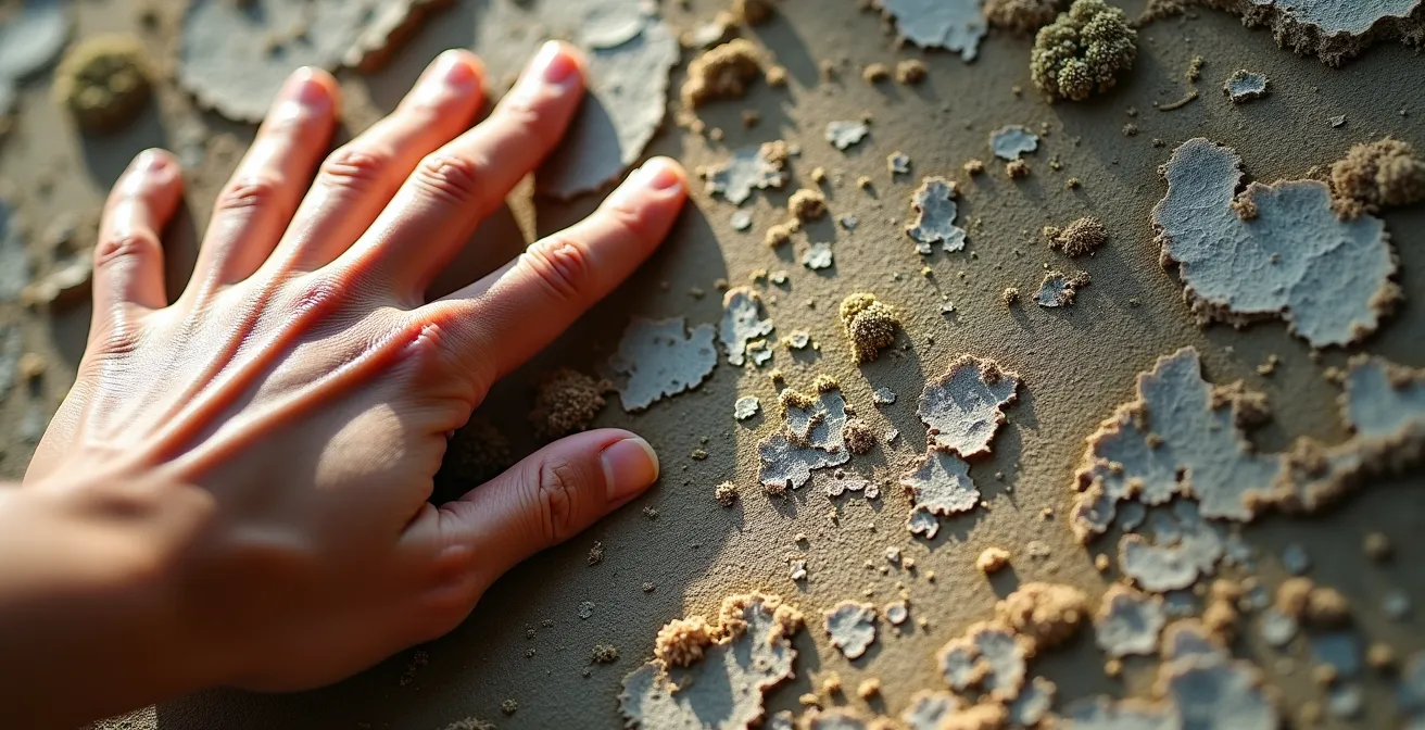 Makroaufnahme von verwittertem historischem Stein, die die fragile und detailreiche Oberflächenstruktur zeigt und zur Vorsicht mahnt.