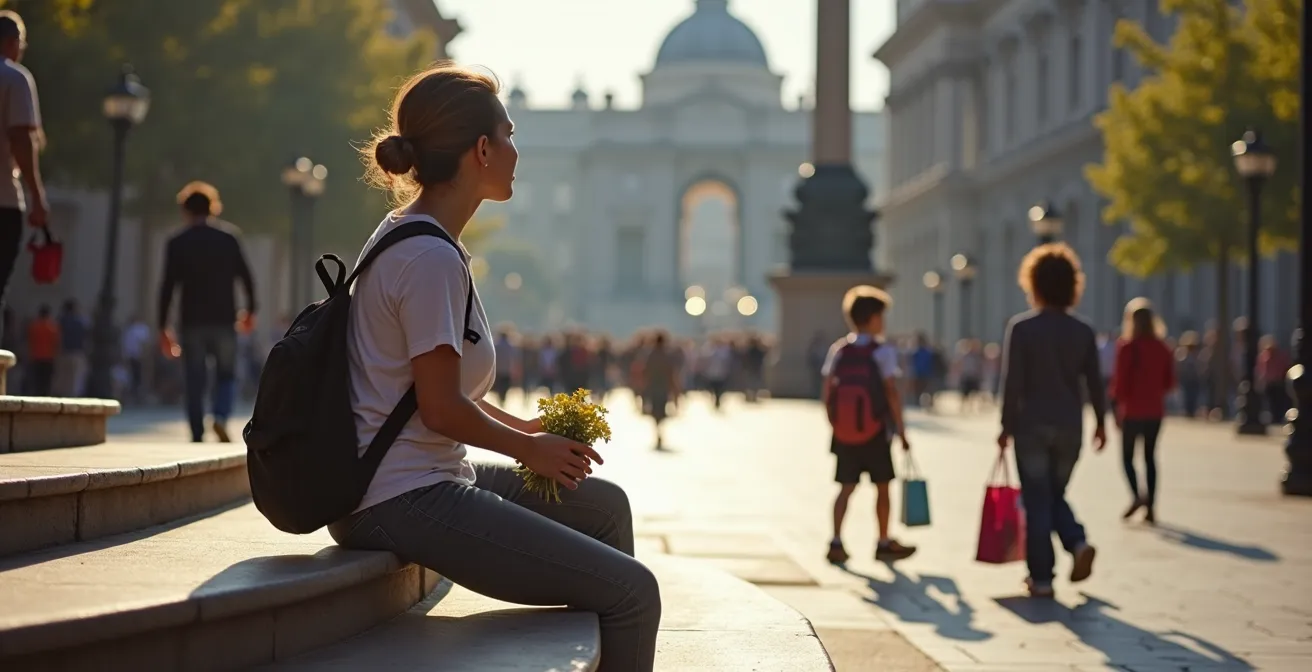 Eine Person beobachtet das alltägliche Leben auf einem Platz, während eine berühmte Sehenswürdigkeit unscharf im Hintergrund bleibt.