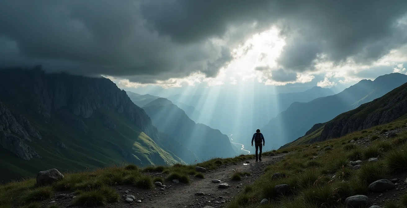 Dunkle Gewitterwolken über alpiner Bergkette mit dramatischer Beleuchtung