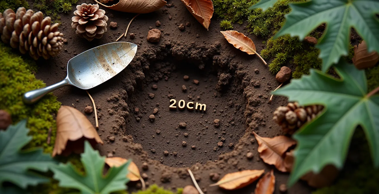 Waldboden mit kleiner Klappschaufel und markierter Stelle für Cathole