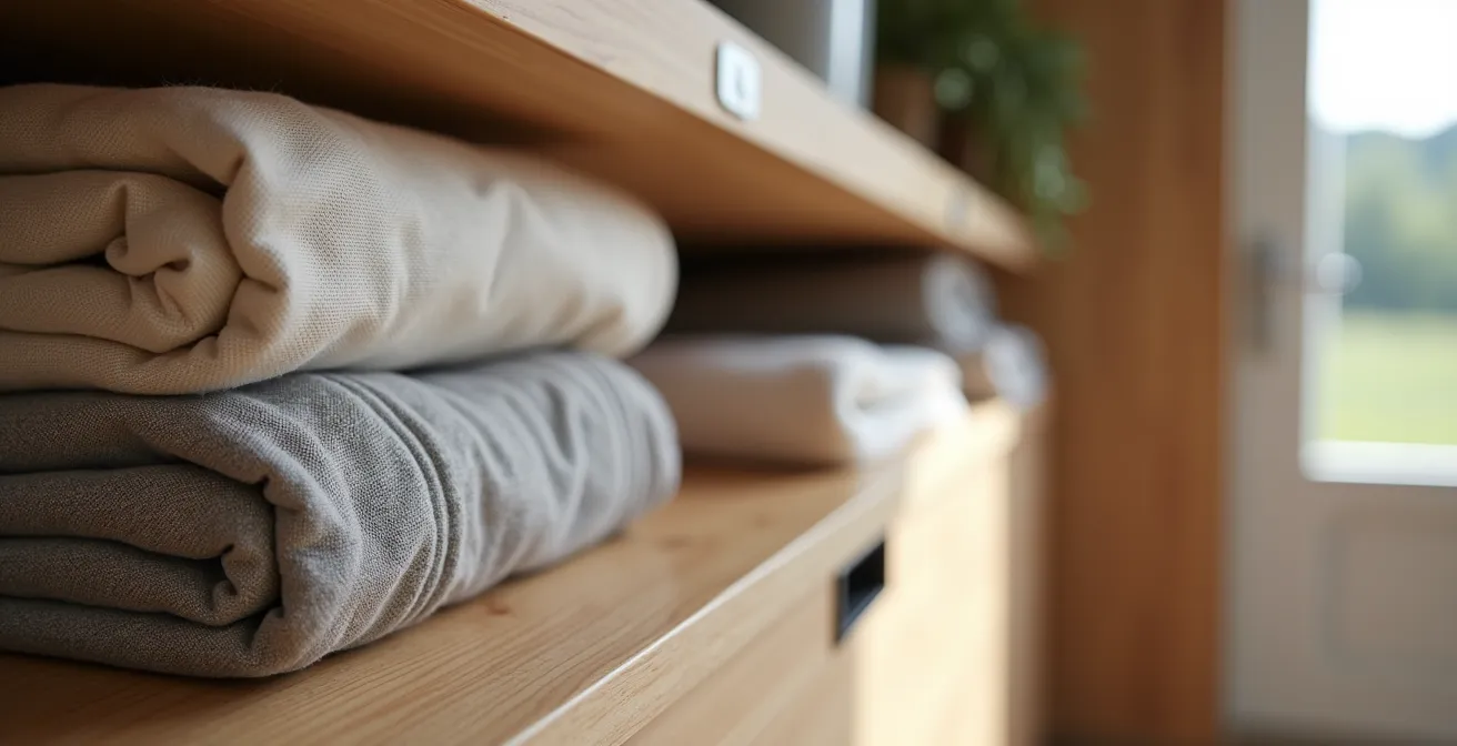 Innenraum eines kompakten Tiny Houses mit cleveren Stauraumlösungen