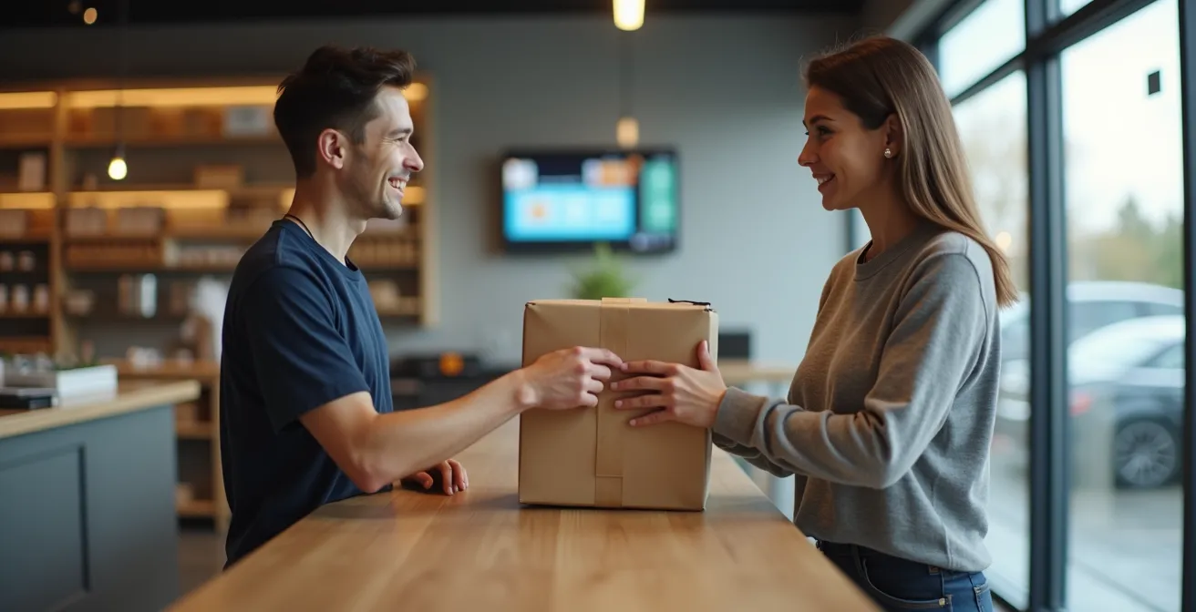 Modernes Ladengeschäft mit Click & Collect Abholbereich und digitaler Bestandsanzeige