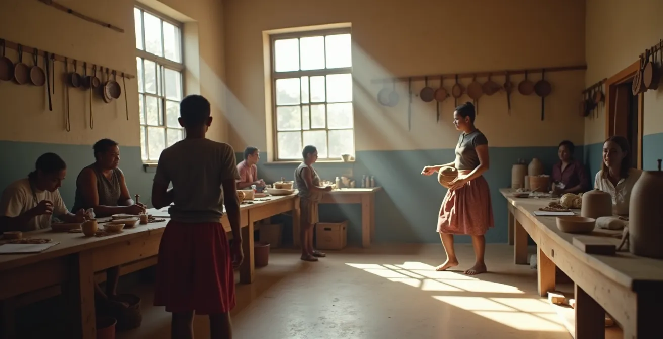 Lokaler Handwerker zeigt Reisenden traditionelle Handwerkstechniken in Gemeindewerkstatt