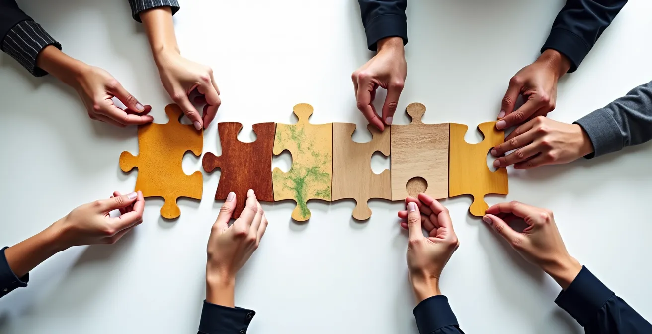 Verschiedene Hände fügen Puzzleteile mit unterschiedlichen Mustern zu einem Ganzen zusammen, eine Metapher für Coopetition.
