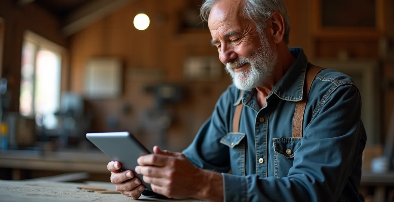 Erfahrener Handwerker nutzt intuitiv ein Tablet zur digitalen Zeiterfassung auf einer Baustelle.