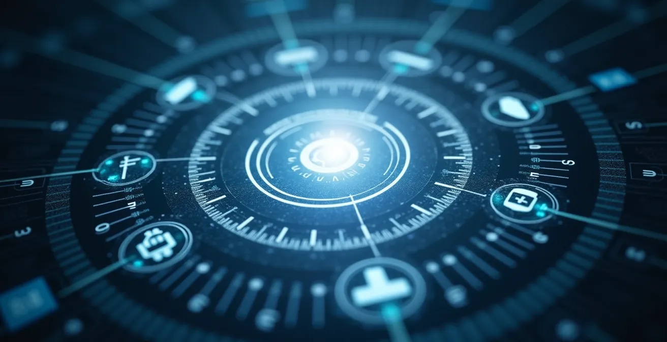 Symbolische Darstellung eines digitalen Kundenportals, das eine 24/7-Serviceverbindung im Handwerk visualisiert.