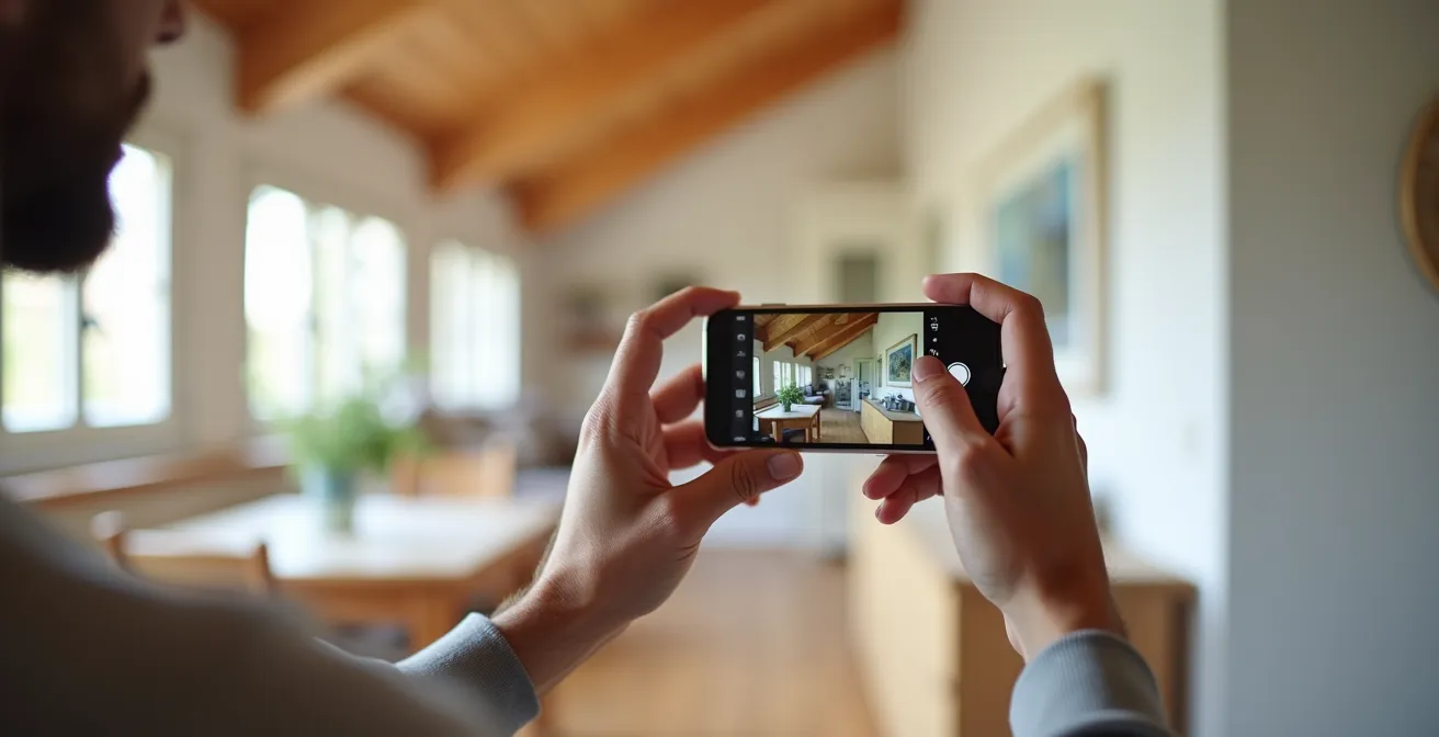 Hände halten Smartphone zur Dokumentation einer Unterkunft bei Ankunft, um Beweise zu sichern